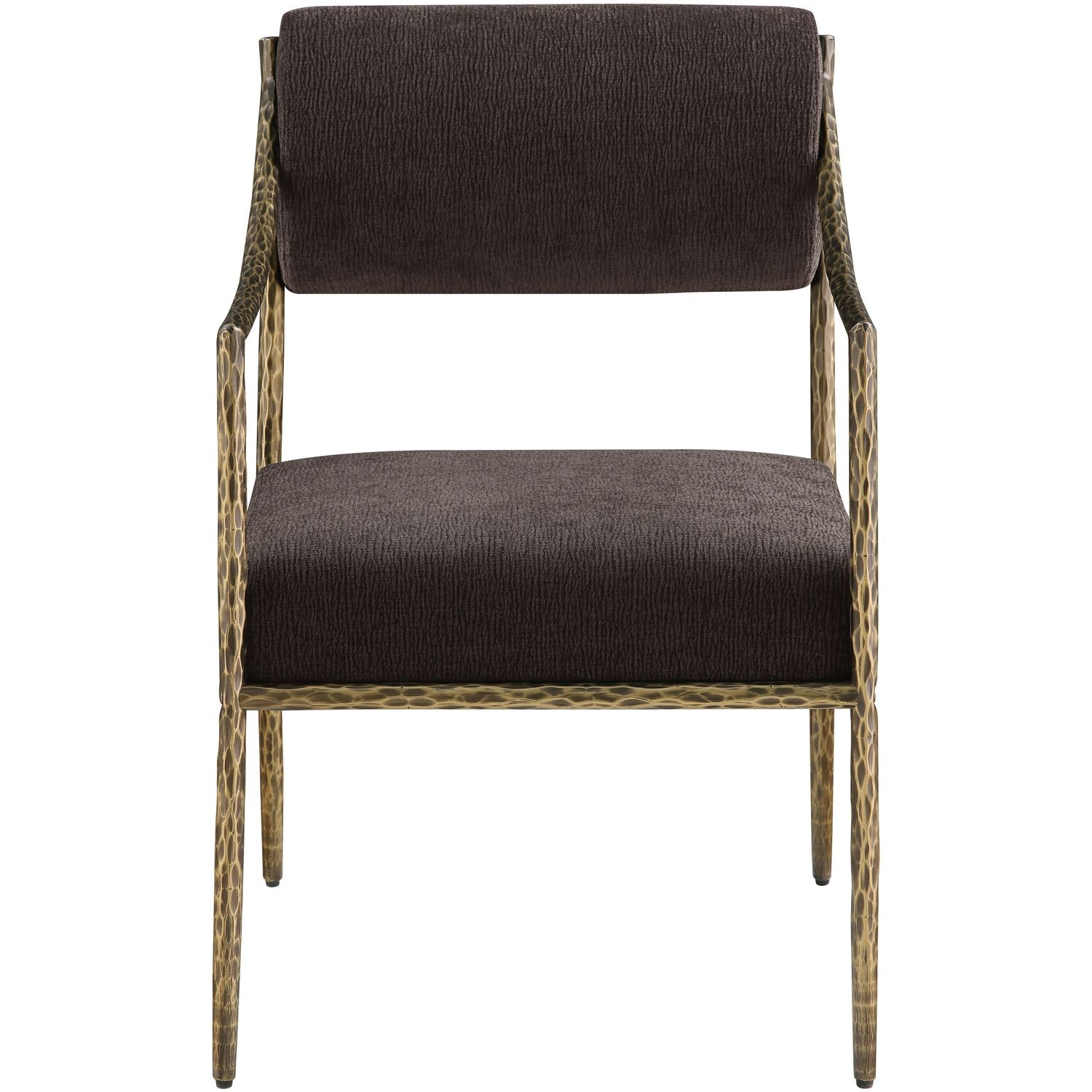 Bastille Chenille Fabric Upholstered Dining Arm Chair — Brown / Brushed Brass