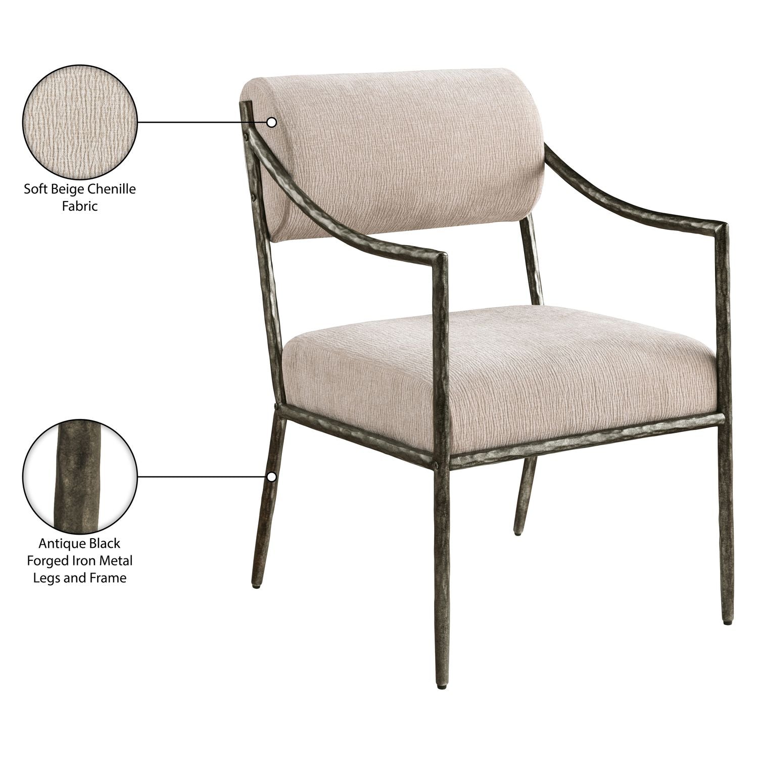Bastille Chenille Fabric Upholstered Dining Arm Chair — Beige / Antique Silver