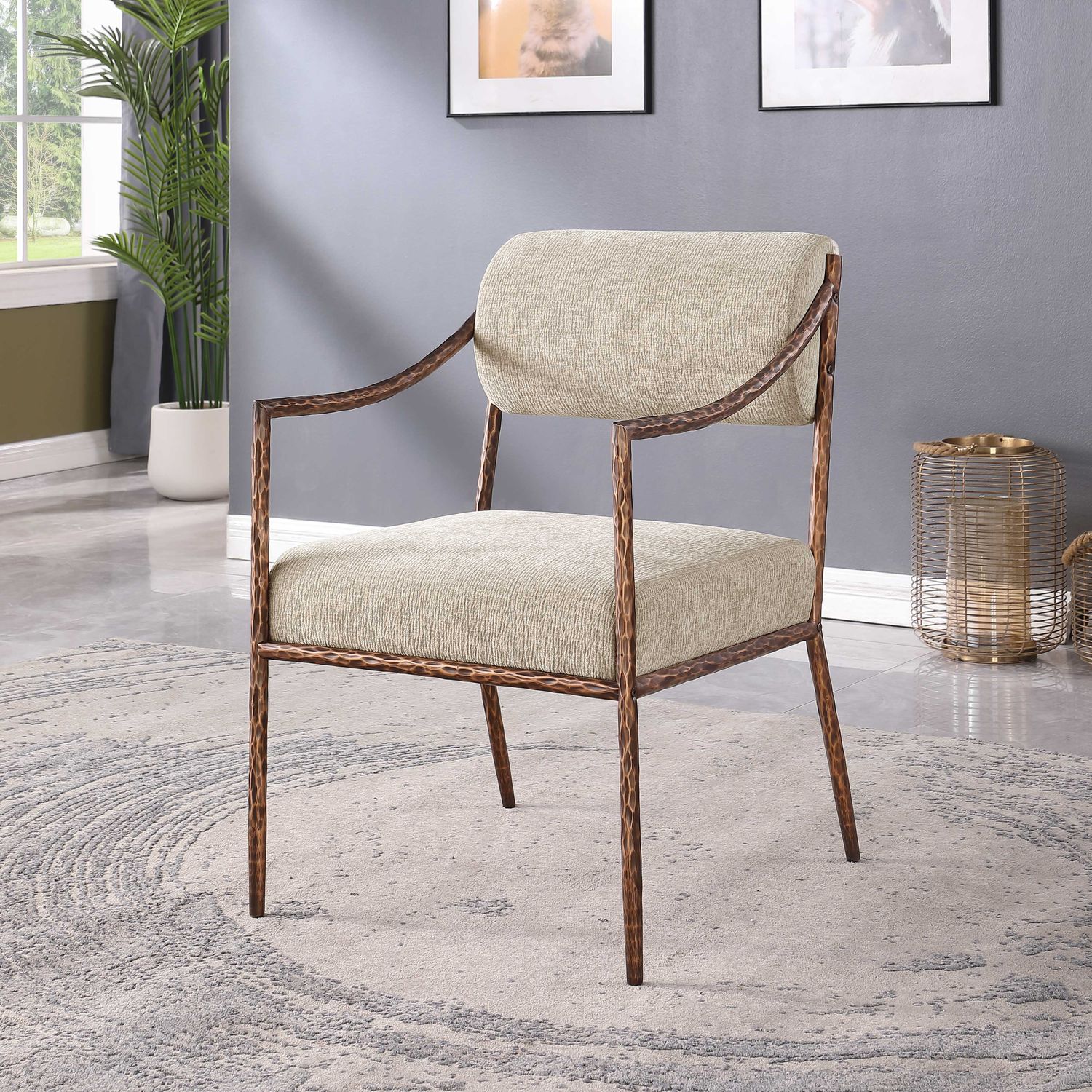 Bastille Chenille Fabric Upholstered Dining Arm Chair — Beige / Brushed Bronze