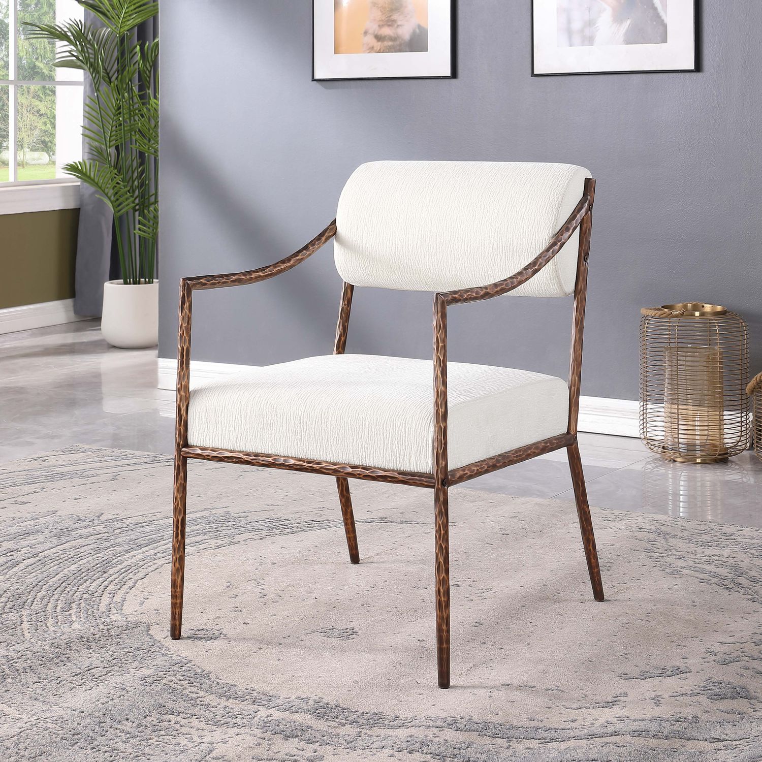 Bastille Chenille Fabric Upholstered Dining Arm Chair — Cream / Brushed Bronze
