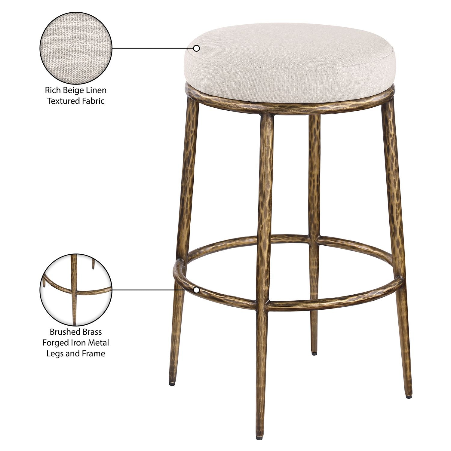 Ferro Performance Fabric Upholstered Bar Stool — Beige / Antique Brass