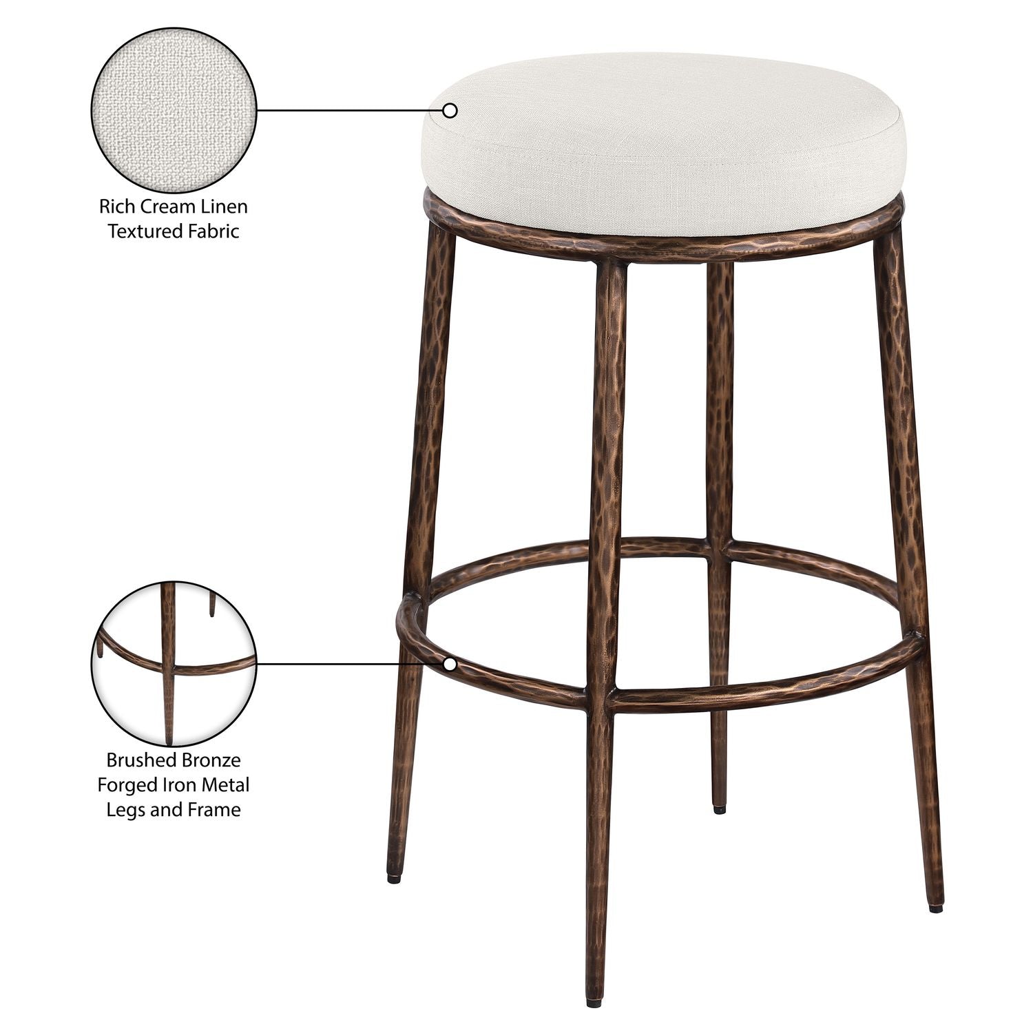 Ferro Performance Fabric Upholstered Bar Stool — Cream / Antique Bronze