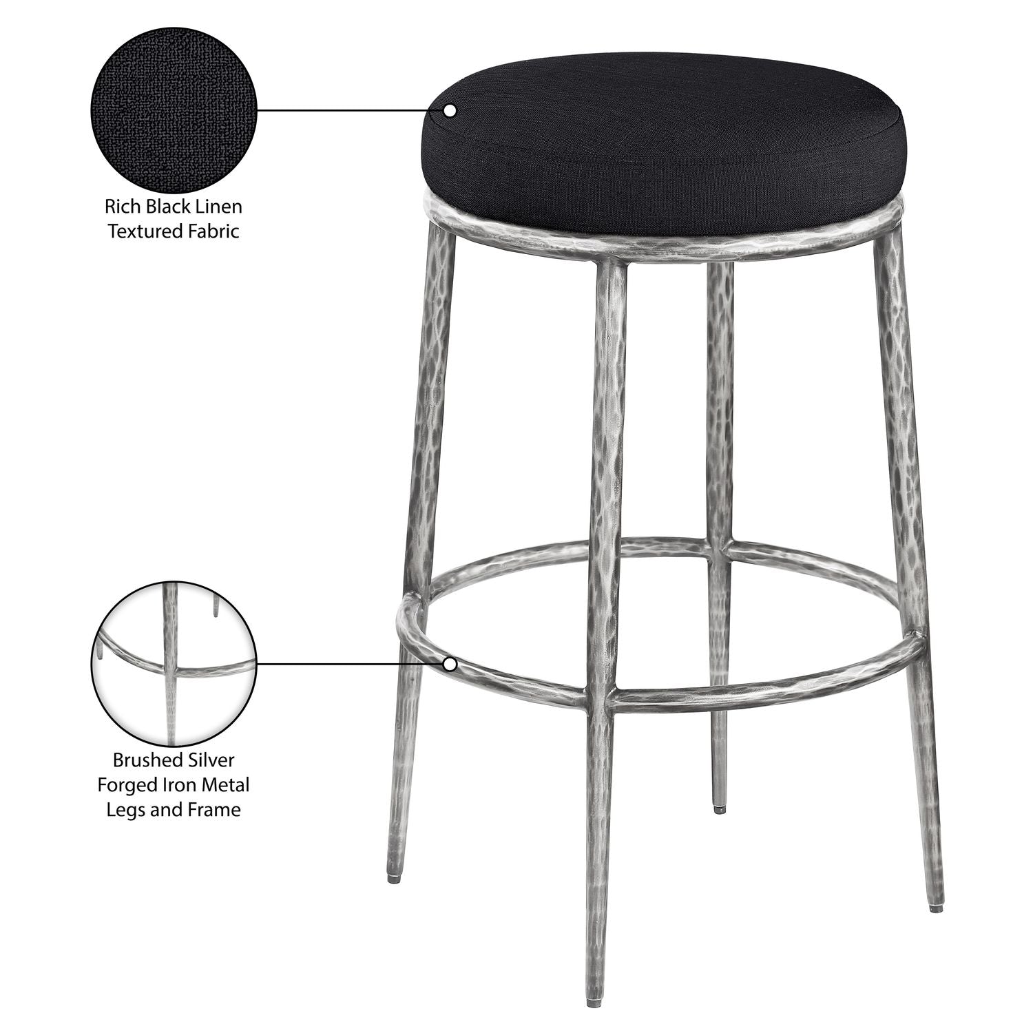 Ferro Performance Fabric Upholstered Bar Stool — Black / Antique Silver