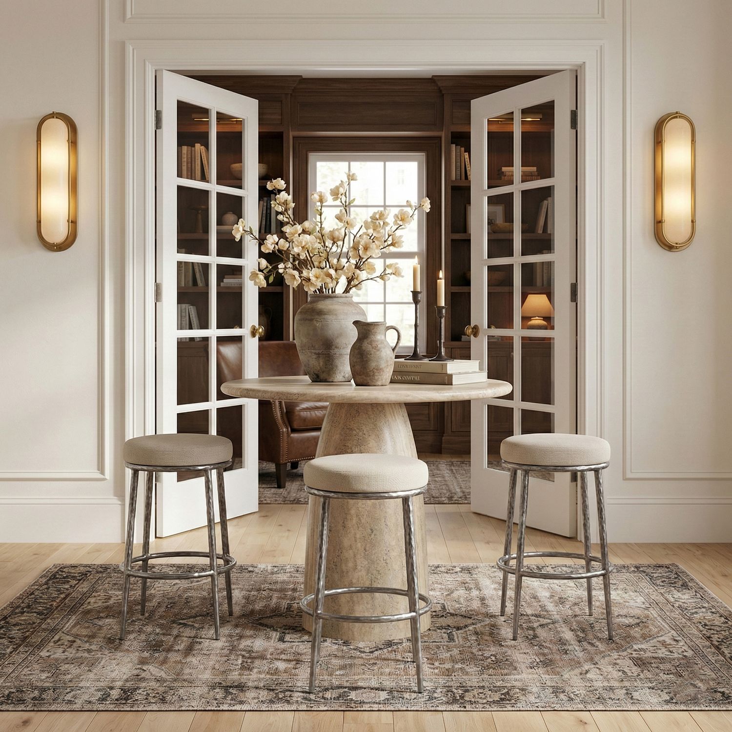 Ferro Performance Fabric Upholstered Bar Stool — Cream / Antique Silver