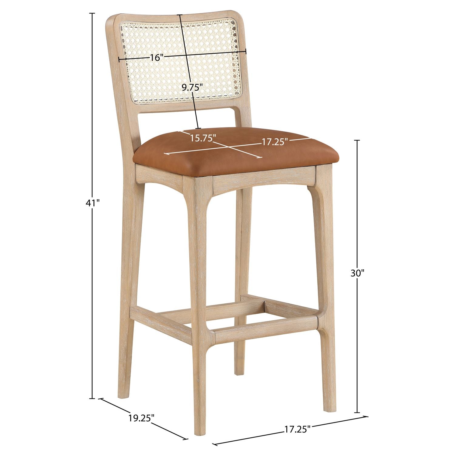 Atrium Cane Back And Vegan Leather Upholstered Bar Stool — Cognac / Brushed Natural / White Cerusing