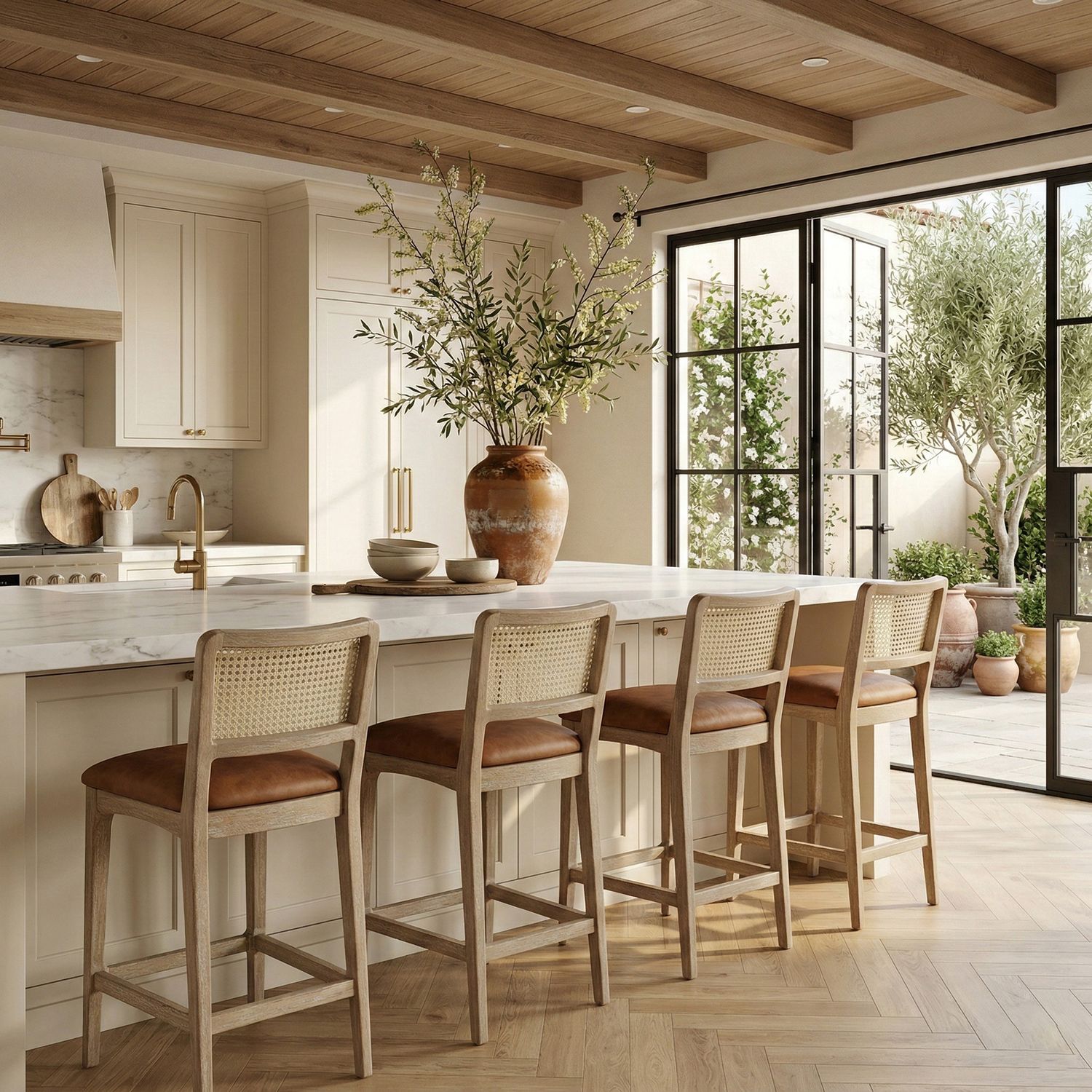 Atrium Cane Back And Vegan Leather Upholstered Bar Stool — Cognac / Brushed Natural / White Cerusing