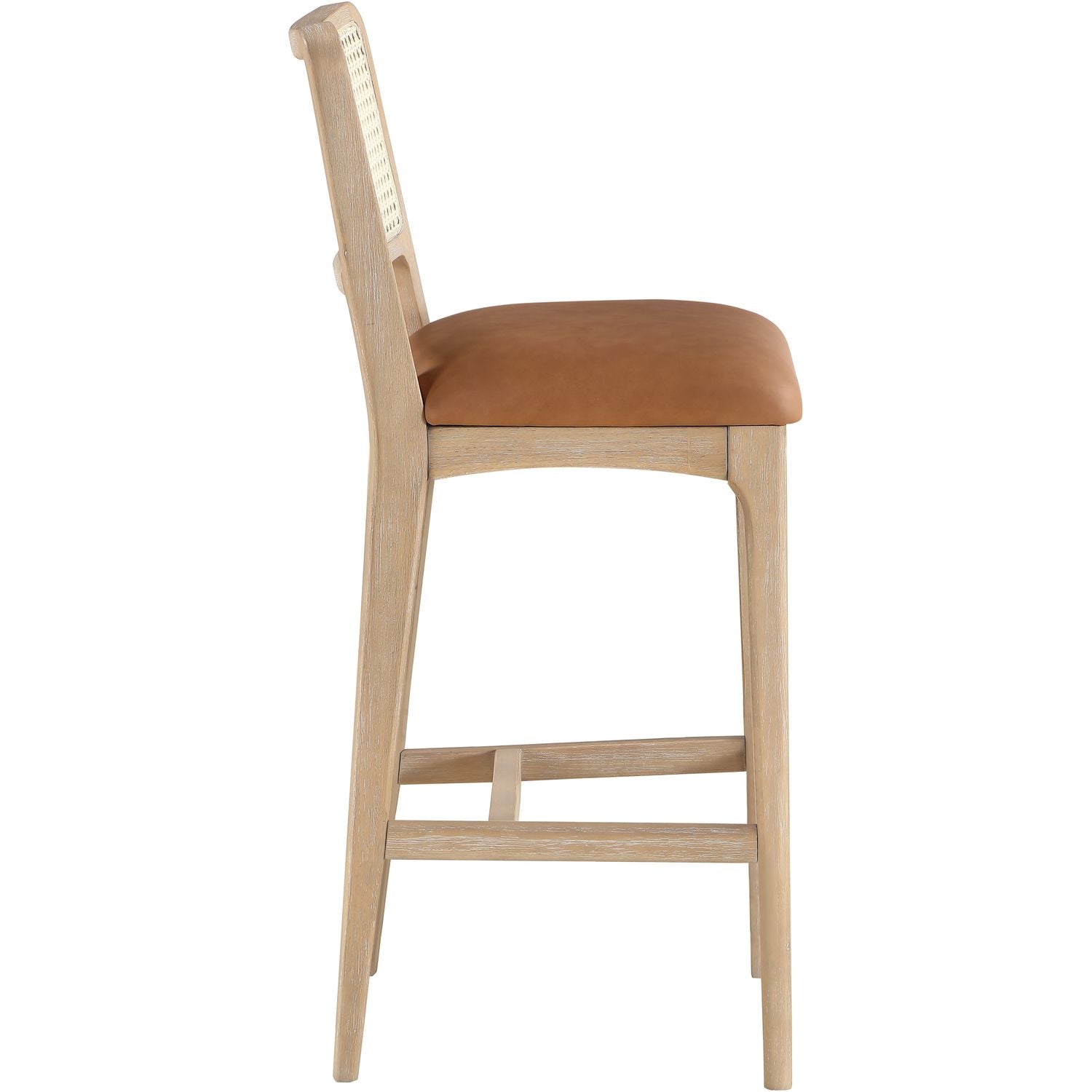 Atrium Cane Back And Vegan Leather Upholstered Bar Stool — Cognac / Brushed Natural / White Cerusing
