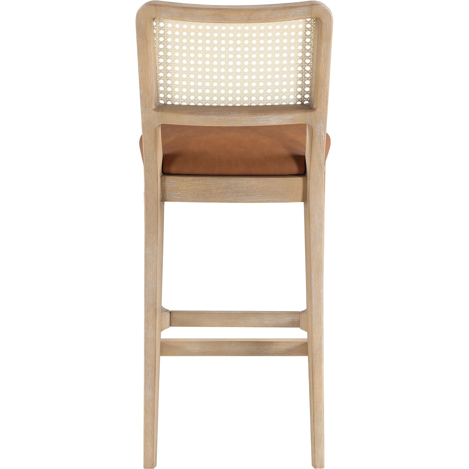 Atrium Cane Back And Vegan Leather Upholstered Bar Stool — Cognac / Brushed Natural / White Cerusing
