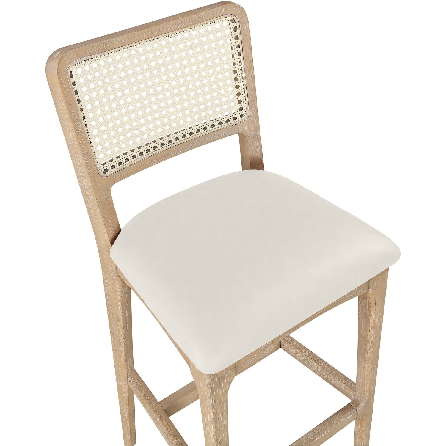 Atrium Cane Back And Vegan Leather Upholstered Bar Stool — Cream / Brushed Natural / White Cerusing