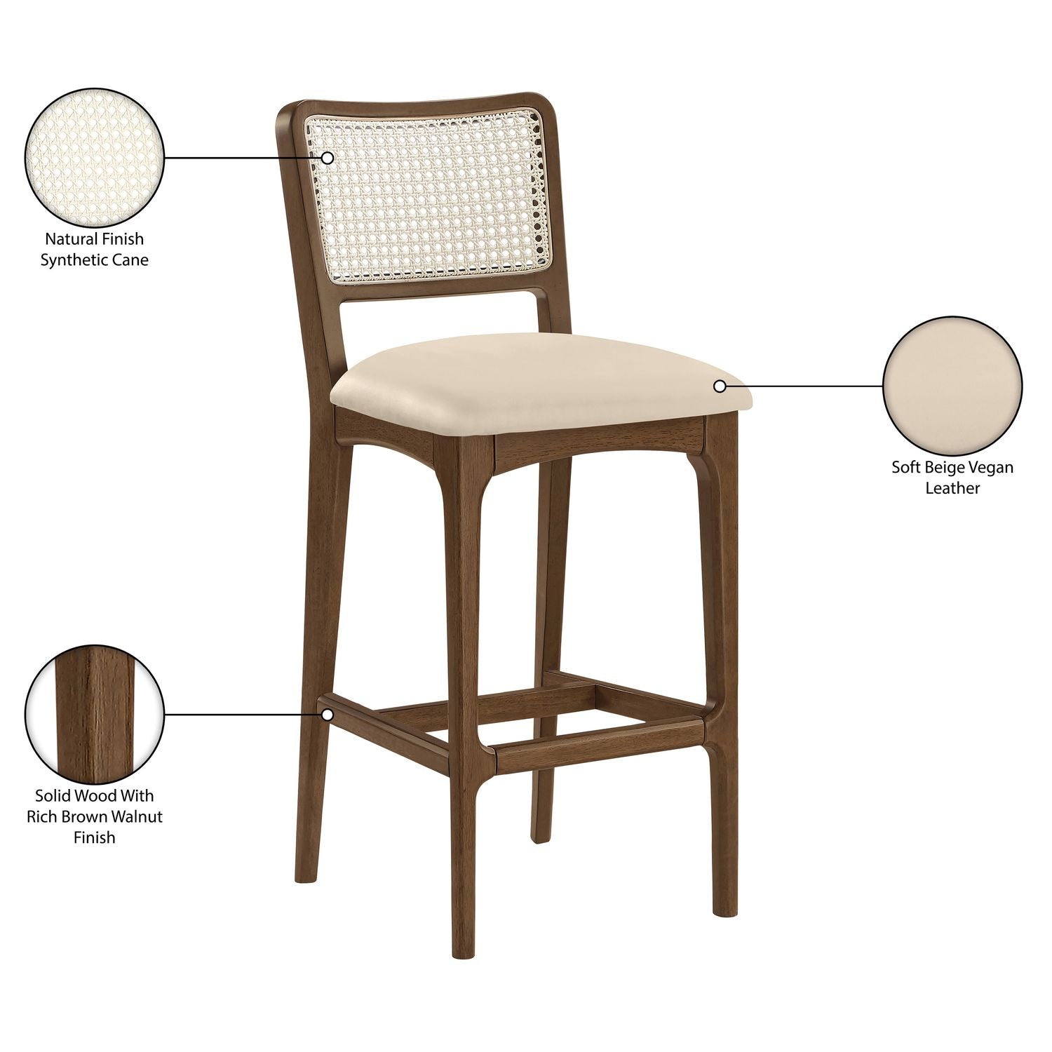 Atrium Cane Back And Vegan Leather Upholstered Bar Stool — Beige / Brushed Brown
