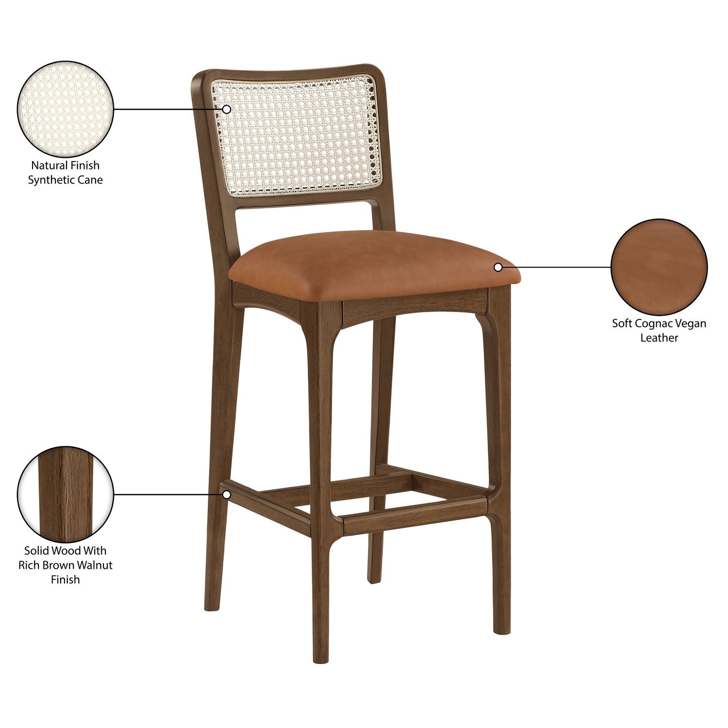 Atrium Cane Back And Vegan Leather Upholstered Bar Stool — Cognac / Brushed Brown