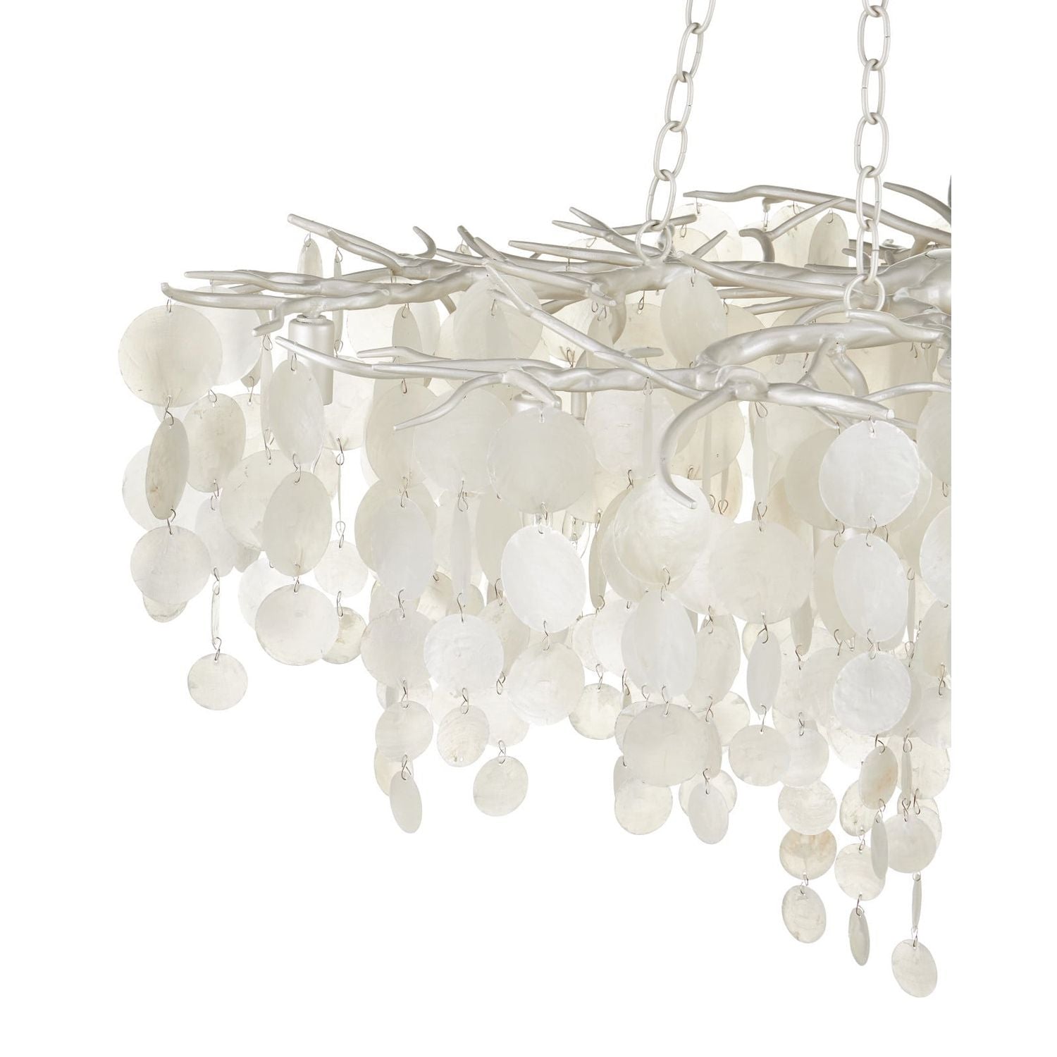 Alternate view of Lusso Chandelier, featuring pearlized finish, capiz shell, wrought iron, and chain suspension.