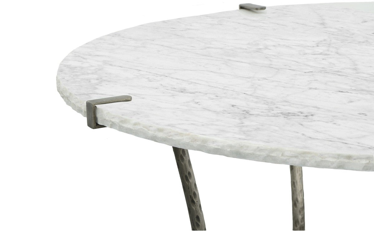 Palermo Round Dining Table - Chiseled White Marble, Stainless Steel