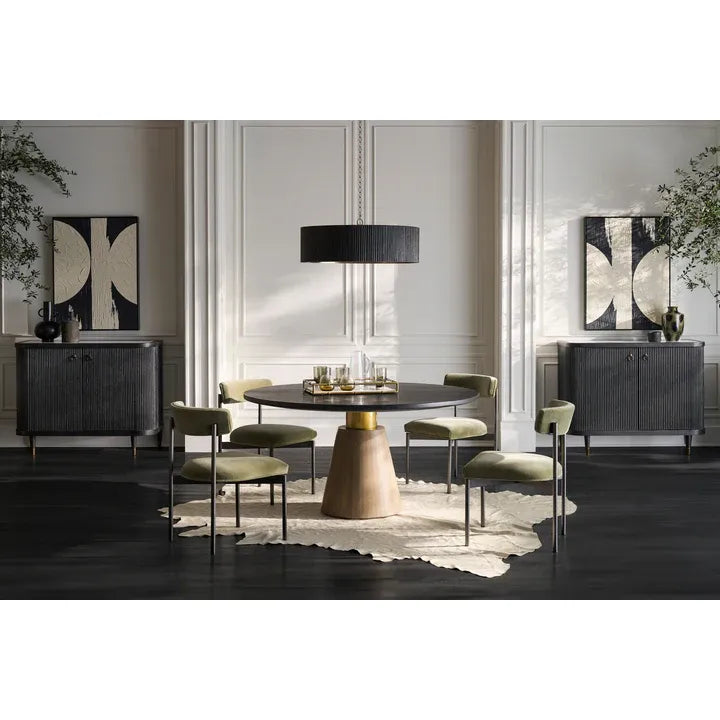 Alternate view of Everett Dining Table, featuring brushed metallic finish, wood, metal, and a pedestal base.