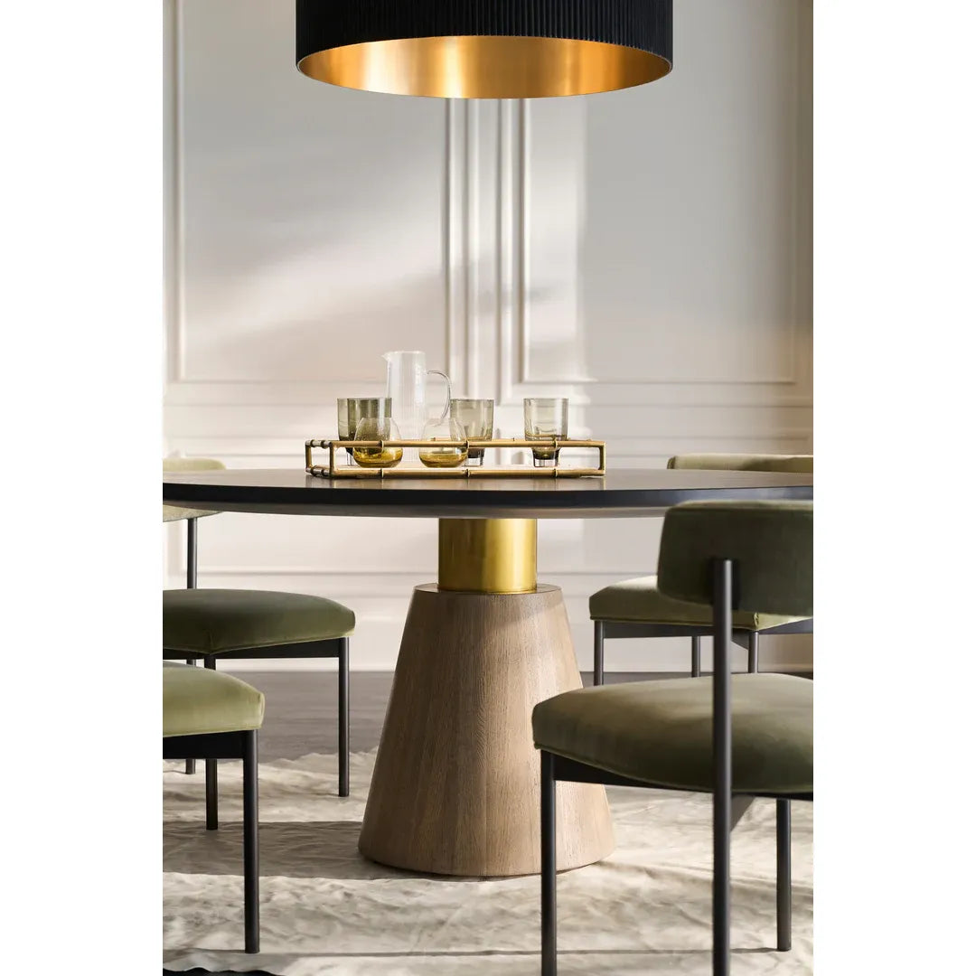 Additional view of Everett Dining Table, featuring brushed metallic finish, wood, metal, and a pedestal base.