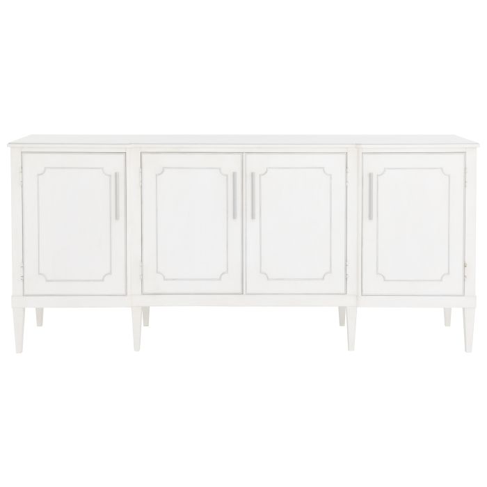 Camille Credenza, shown in white and ivory with wood, metal, and four hinged cabinet doors with recessed panel detailing.