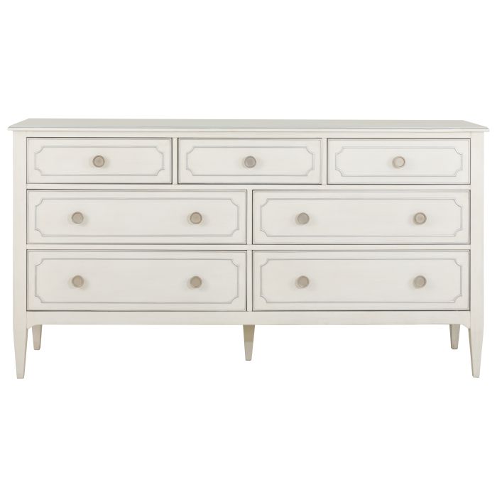 Camille Dresser, shown in ivory and off-white with wood, painted wood, and seven-drawer storage configuration.