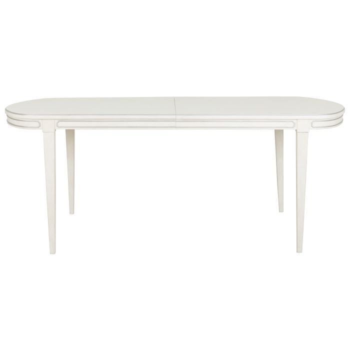 Camille Dining Table, shown in white and ivory with wood and extendable center seam for leaf insertion.