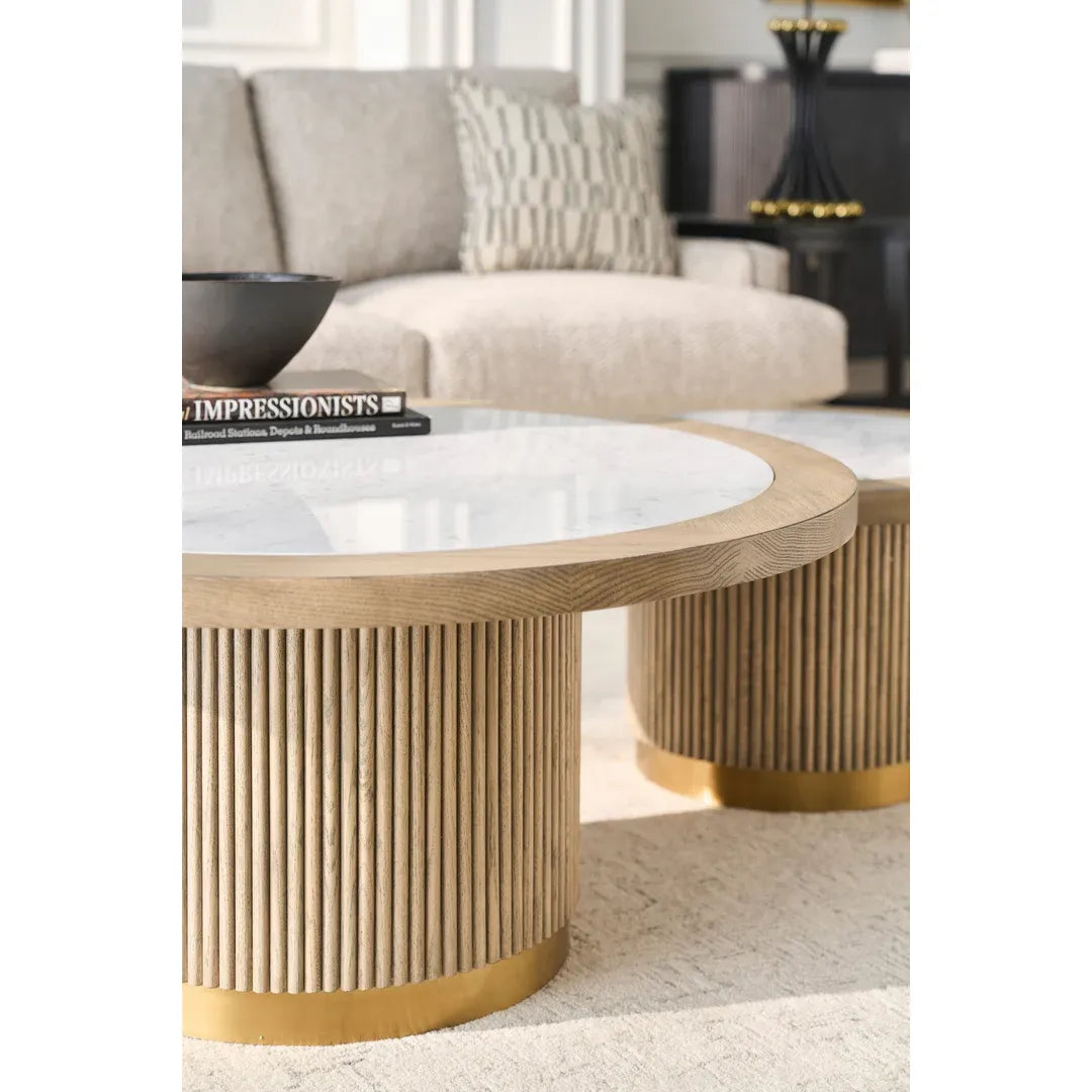 Additional view of Everett Small Round Bunching Cocktail Table in light oak and white.