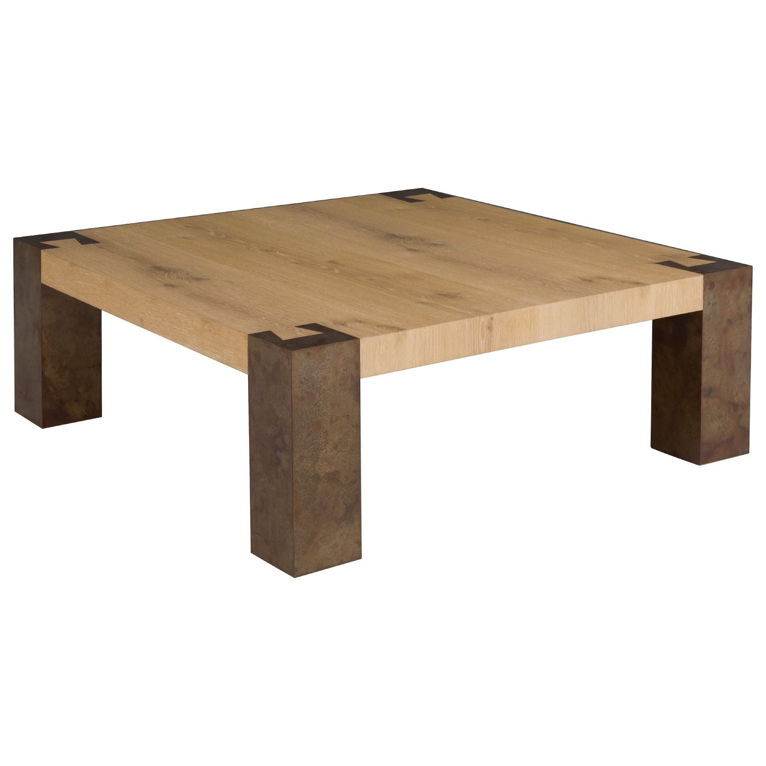 Alternate view of Wyatt Square Cocktail Table, featuring smooth top surface, solid wood, metal, and fixed block legs.