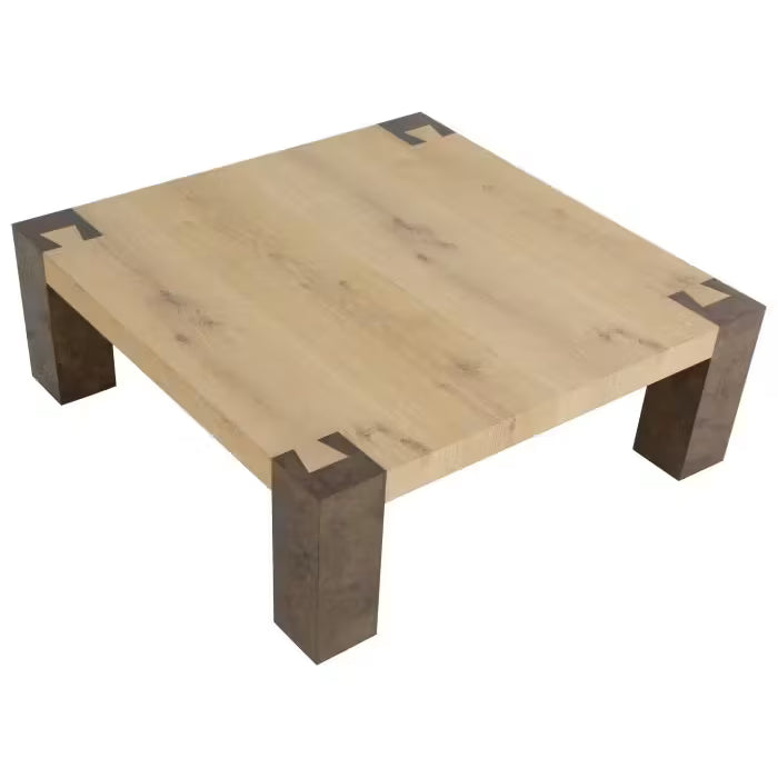 Additional view of Wyatt Square Cocktail Table, featuring smooth top surface, solid wood, metal, and fixed block legs.