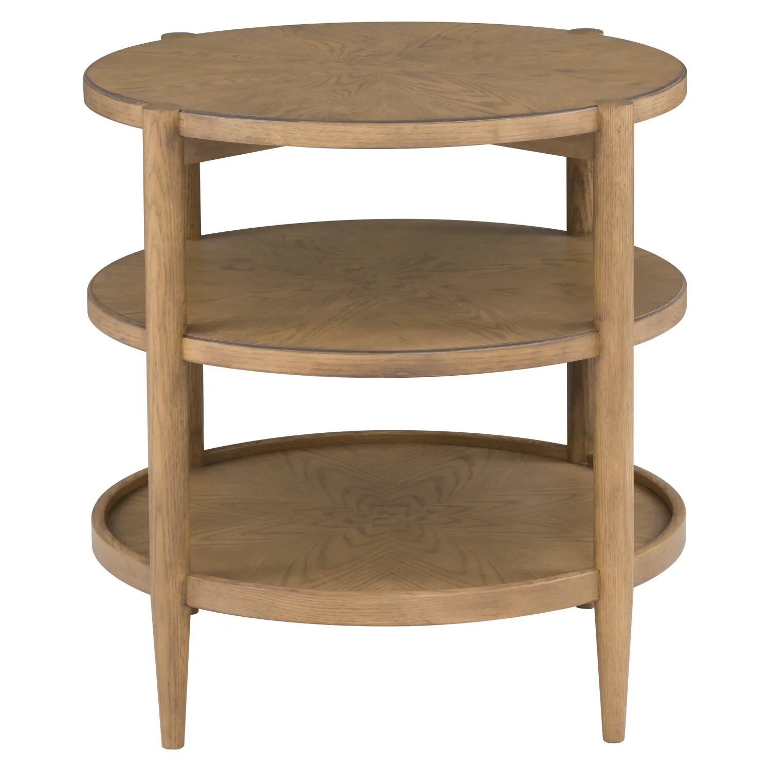 Maxwell Round End Table, shown in light oak brown and warm honey tan with wood, oak veneer, and three-tier open shelving.