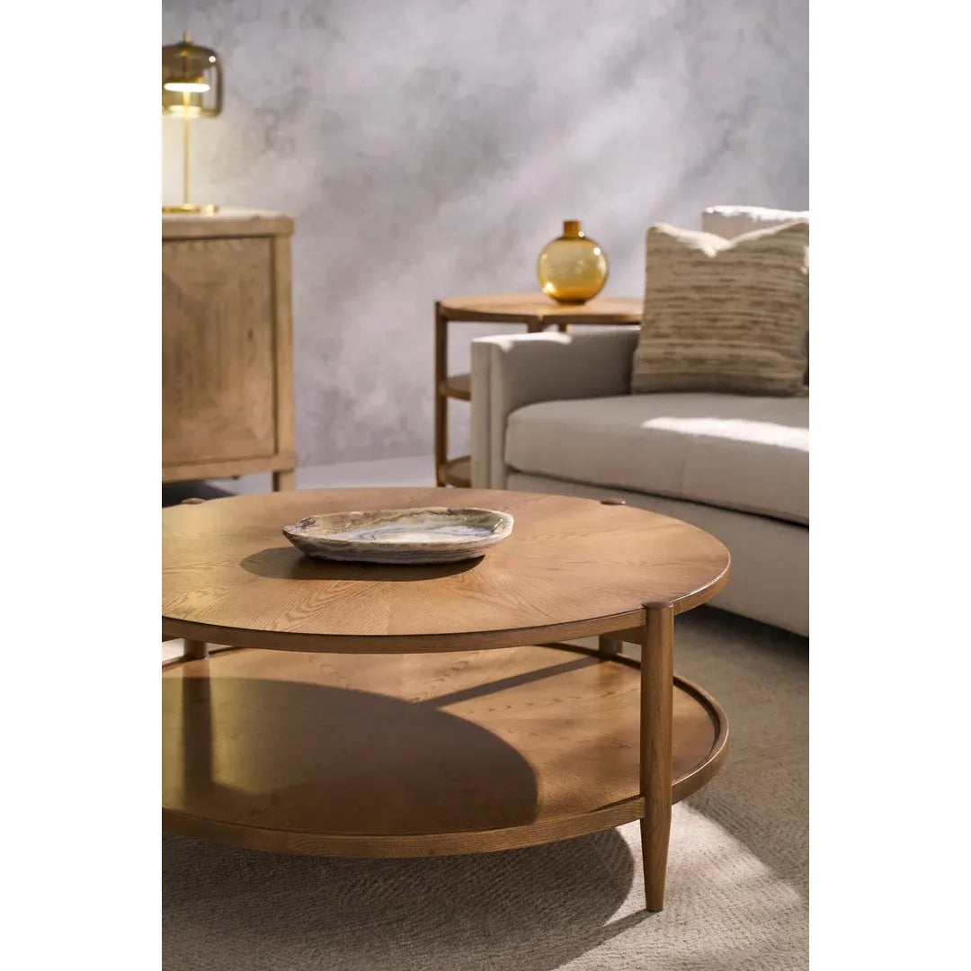Alternate view of Maxwell Round End Table, featuring visible open grain, wood, oak veneer, and three-tier open shelving.
