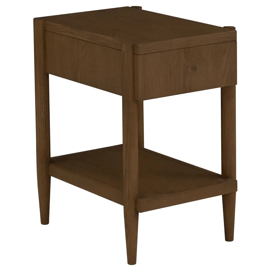 Additional view of Maxwell One Drawer Rectangle Drink Table in medium brown and warm oak brown.