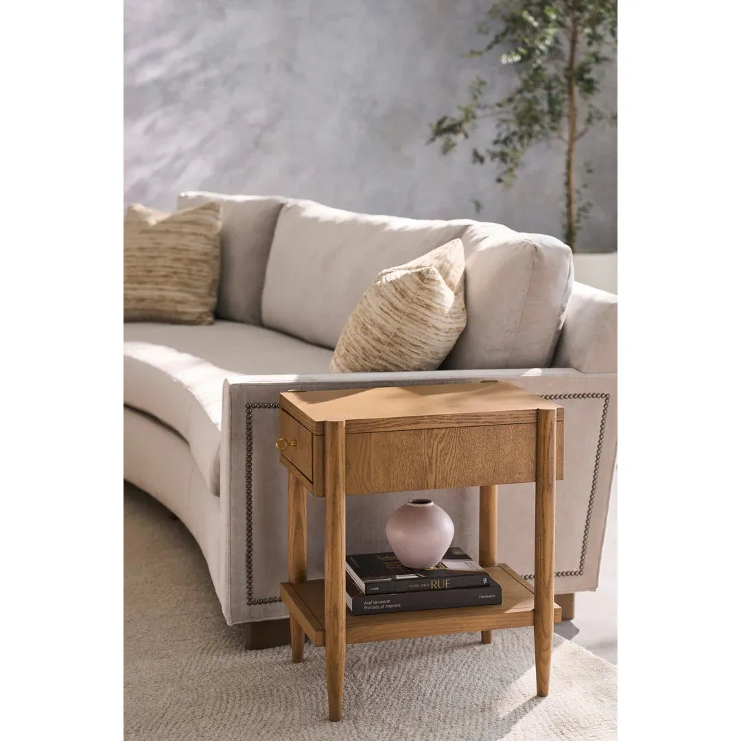 Alternate view of Maxwell One Drawer Rectangle Drink Table in medium brown and warm oak brown.