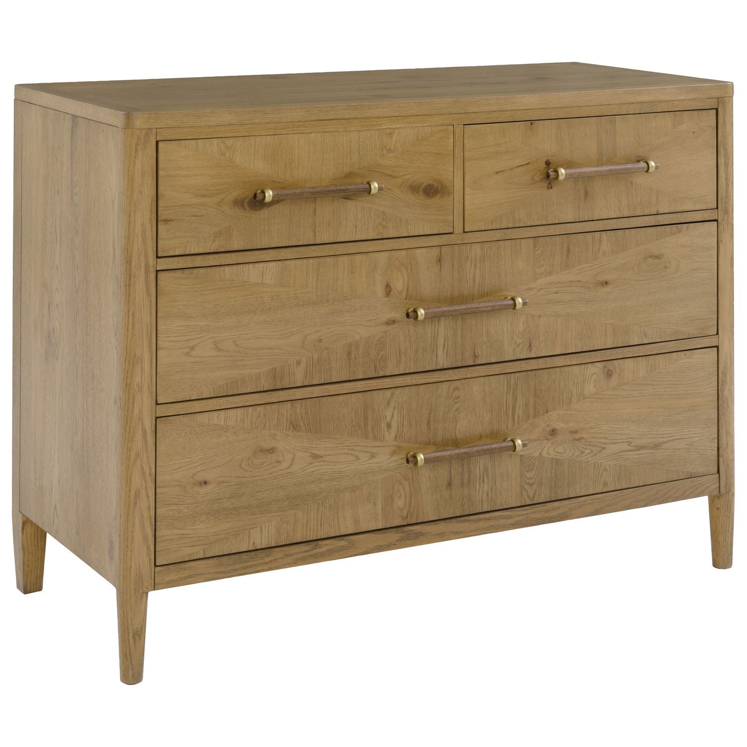Alternate view of Maxwell Chest, featuring matte clear coat, oak wood, wood veneer, and four drawers with integrated storage.