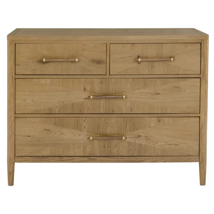 Maxwell Chest, shown in light oak and natural tan with oak wood, wood veneer, and four drawers with integrated storage.