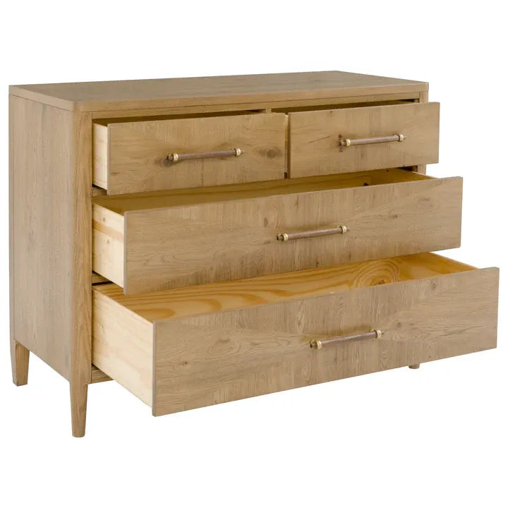 Additional view of Maxwell Chest, showing rectangular case with tapered legs and flat top in light oak and natural tan.