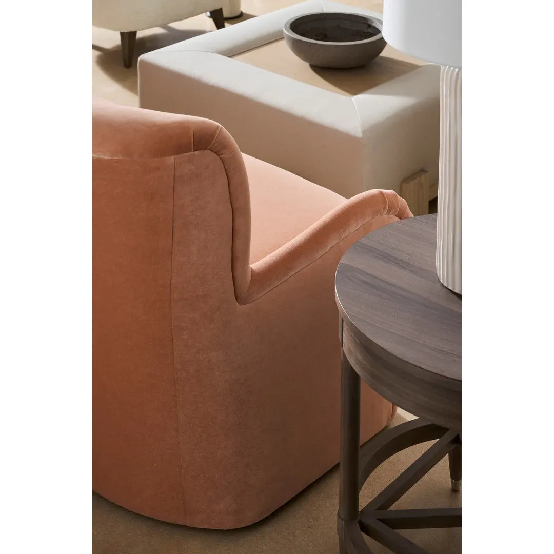 Alternate view of Freya Laminate Round End Table, featuring wood, metal, and a round end/side table surface.