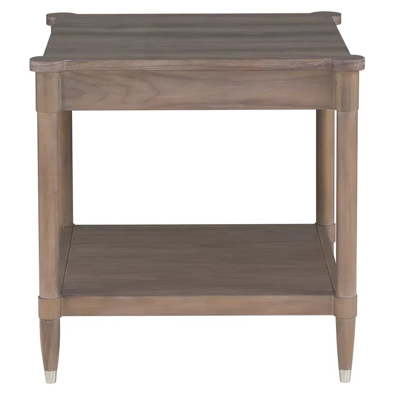 Freya Laminate Square End Table, shown in warm gray-brown and taupe with wood-look laminate, metal, and open lower shelf.