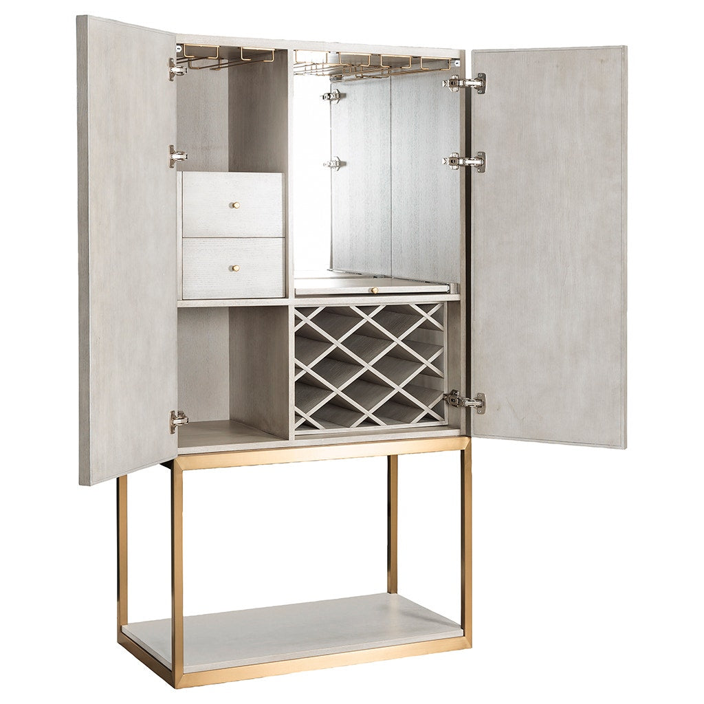 Sundries Bar Cabinet - Sheer Dove - Quartered Ash Solids & Veneers,Brushed Brass Metal