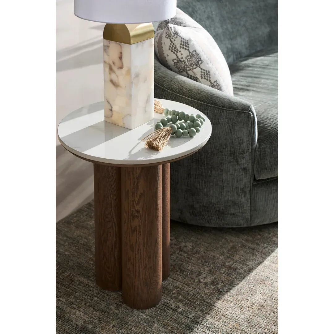 Additional view of Parker End Table in white and medium brown, featuring polished stone finish and fixed solid pedestal base.