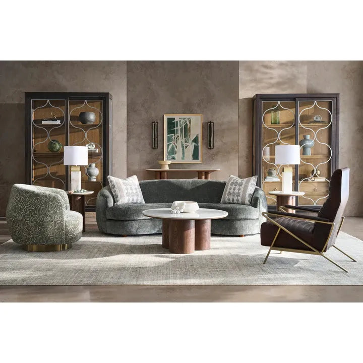 Alternate view of Parker End Table, featuring polished stone finish, marble, wood, and fixed solid pedestal base.