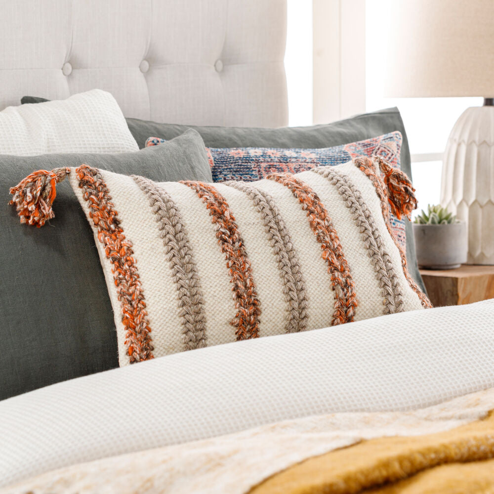 Additional view of Dacia Pillow in ivory and taupe, featuring chunky knit finish and decorative throw pillow.