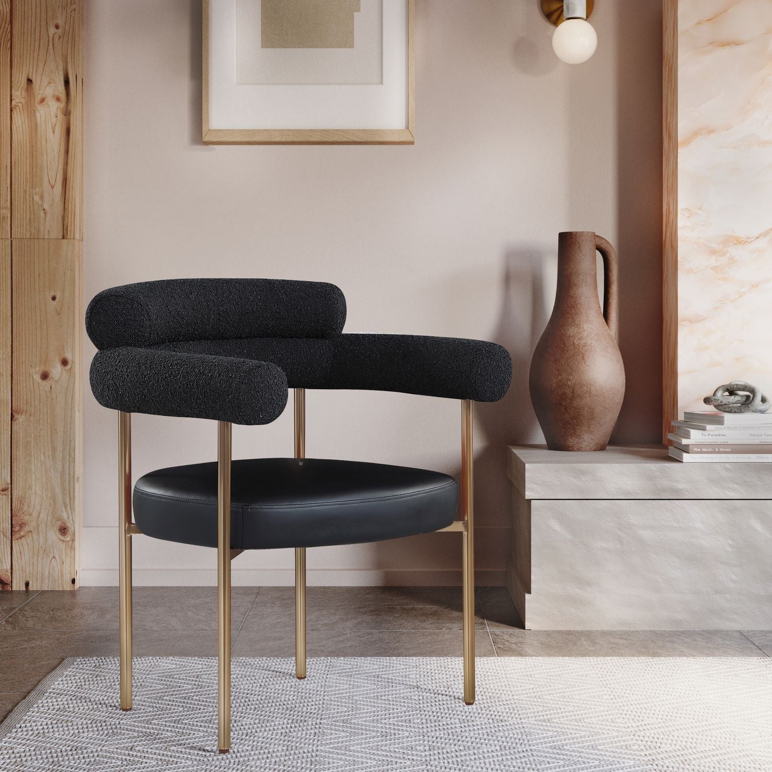 Blake Black Boucle Fabric And Vegan Leather Upholstered Dining Chair