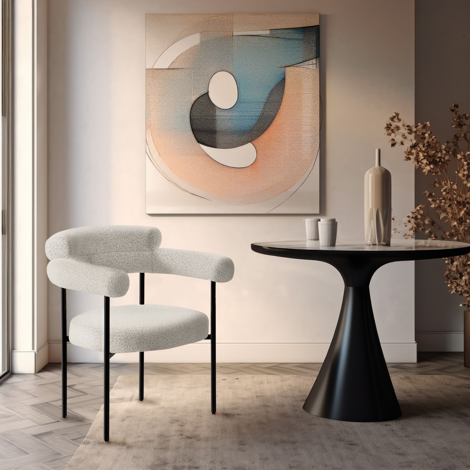 Blake Boucle Fabric Upholstered Dining Chair — Cream / Matte Black