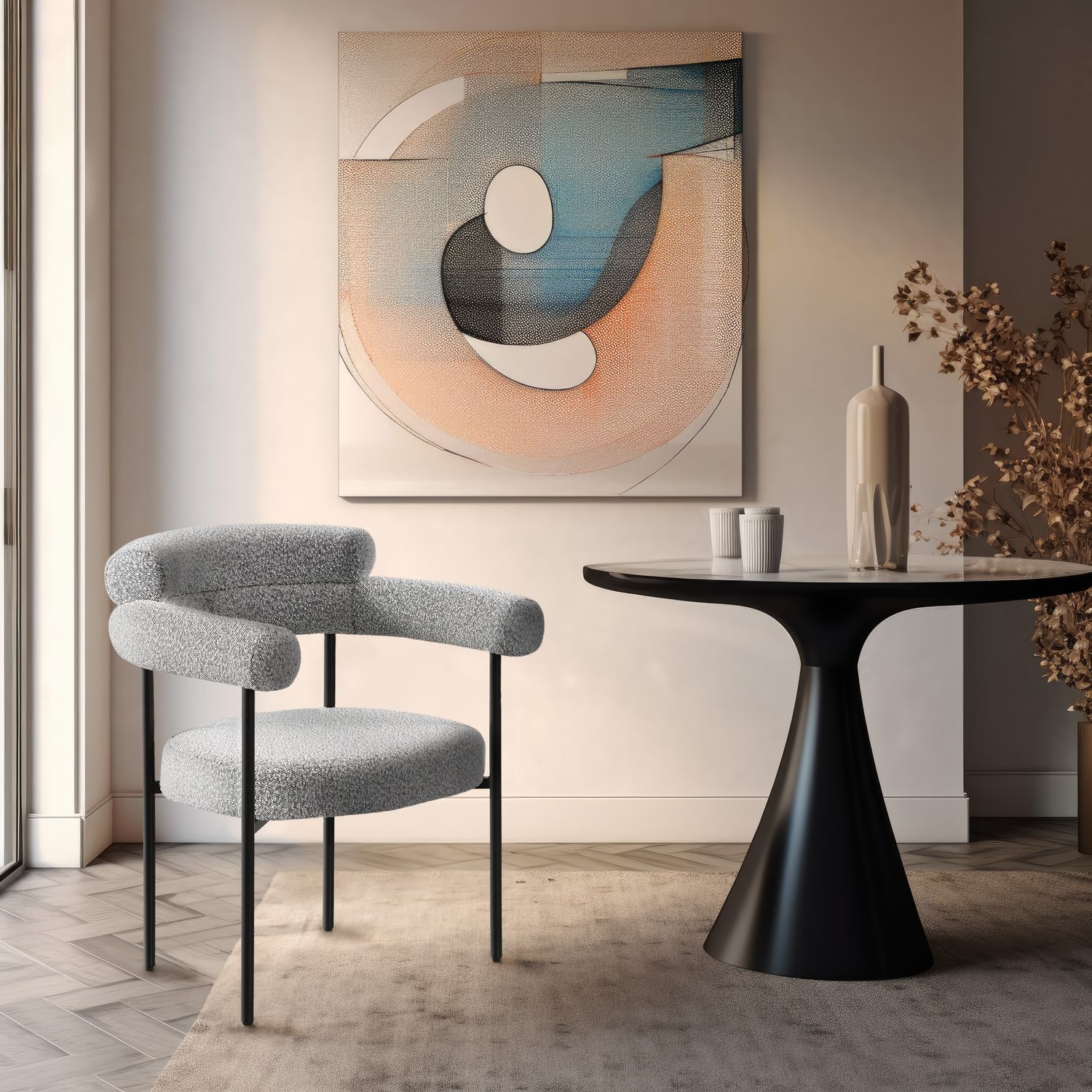 Blake Boucle Fabric Upholstered Dining Chair — Grey / Matte Black