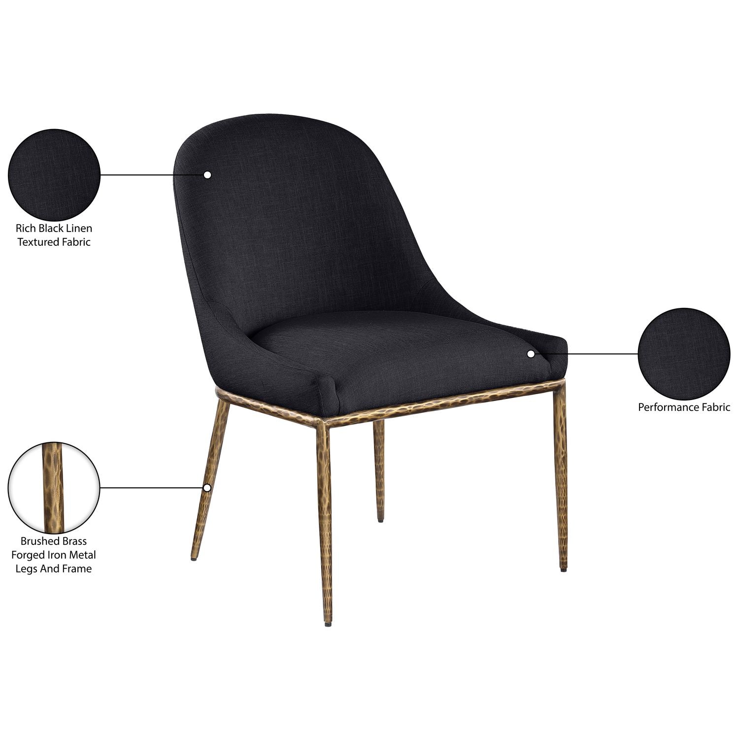 Ferro Linen Textured Performance Fabric Upholstered Dining Side Chair — Black / Brushed Gold
