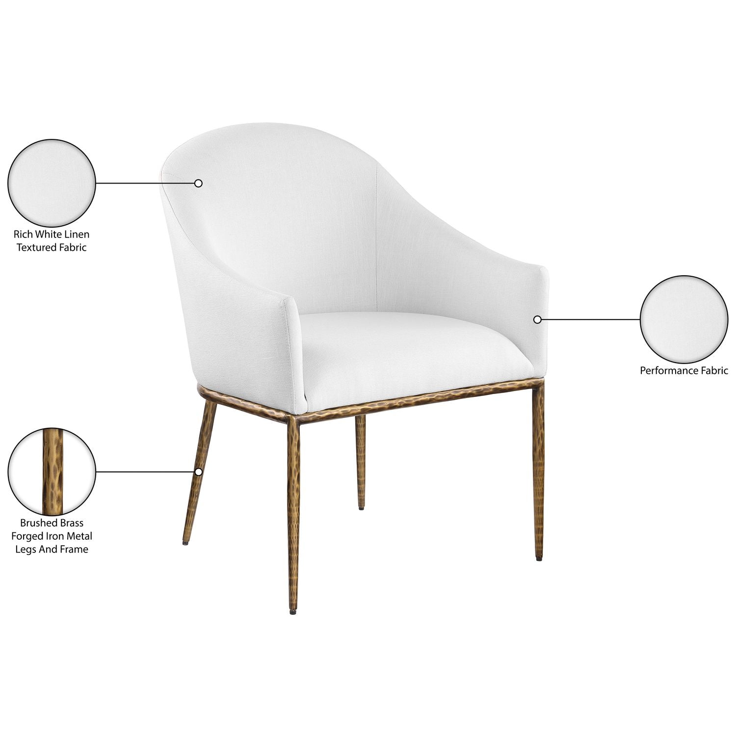 Ferro Linen Textured Performance Fabric Upholstered Dining Arm Chair — White / Brushed Gold
