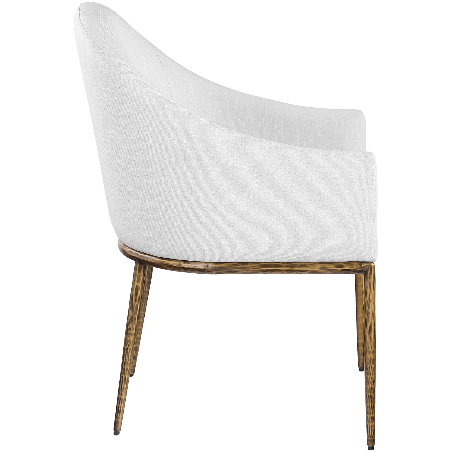 Ferro Linen Textured Performance Fabric Upholstered Dining Arm Chair — White / Brushed Gold