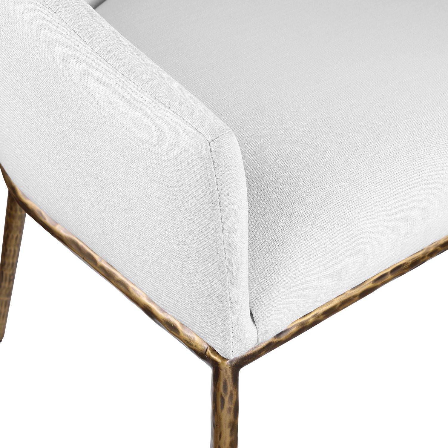 Ferro Linen Textured Performance Fabric Upholstered Dining Arm Chair — White / Brushed Gold