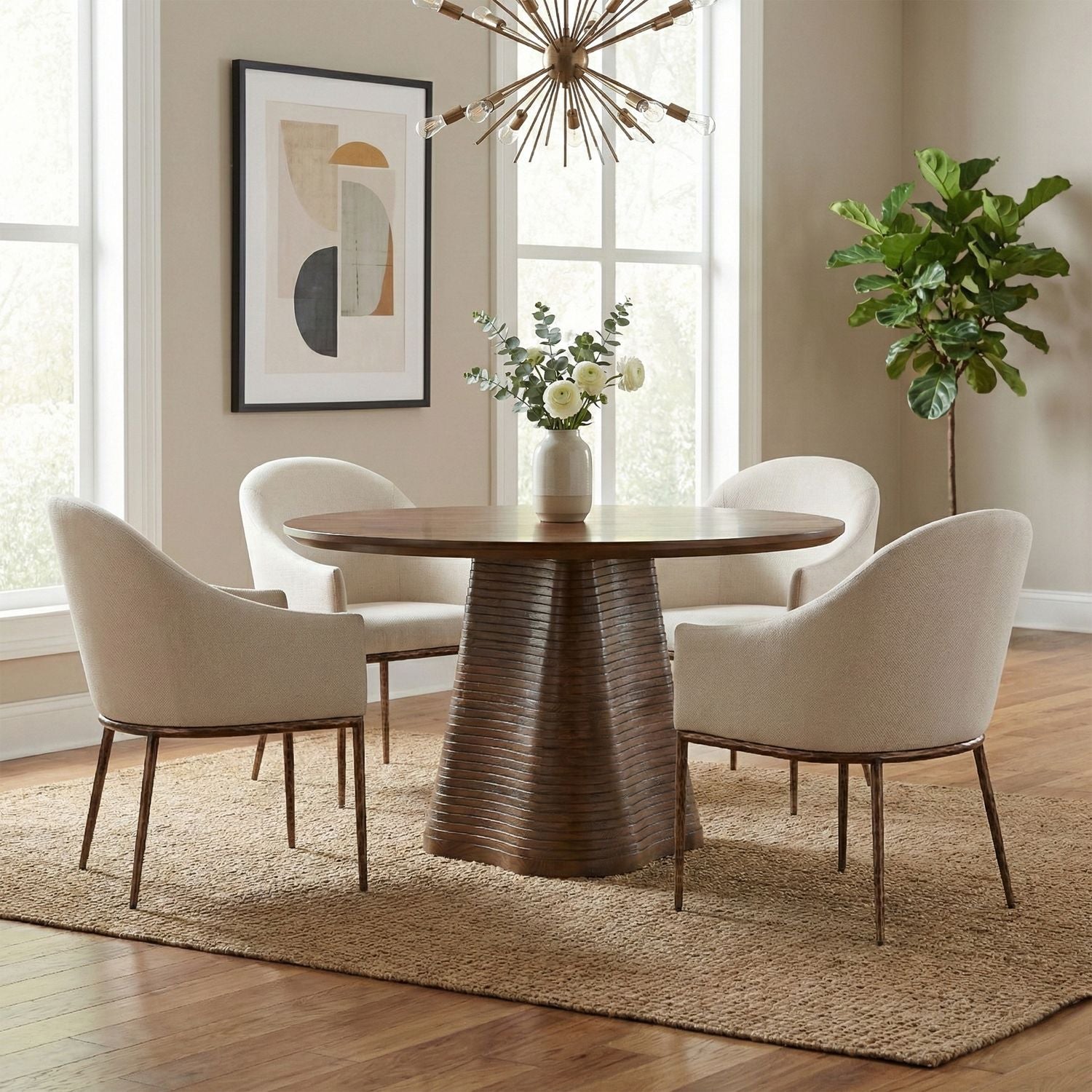 Ferro Linen Textured Performance Fabric Upholstered Dining Arm Chair — Beige / Brushed Bronze