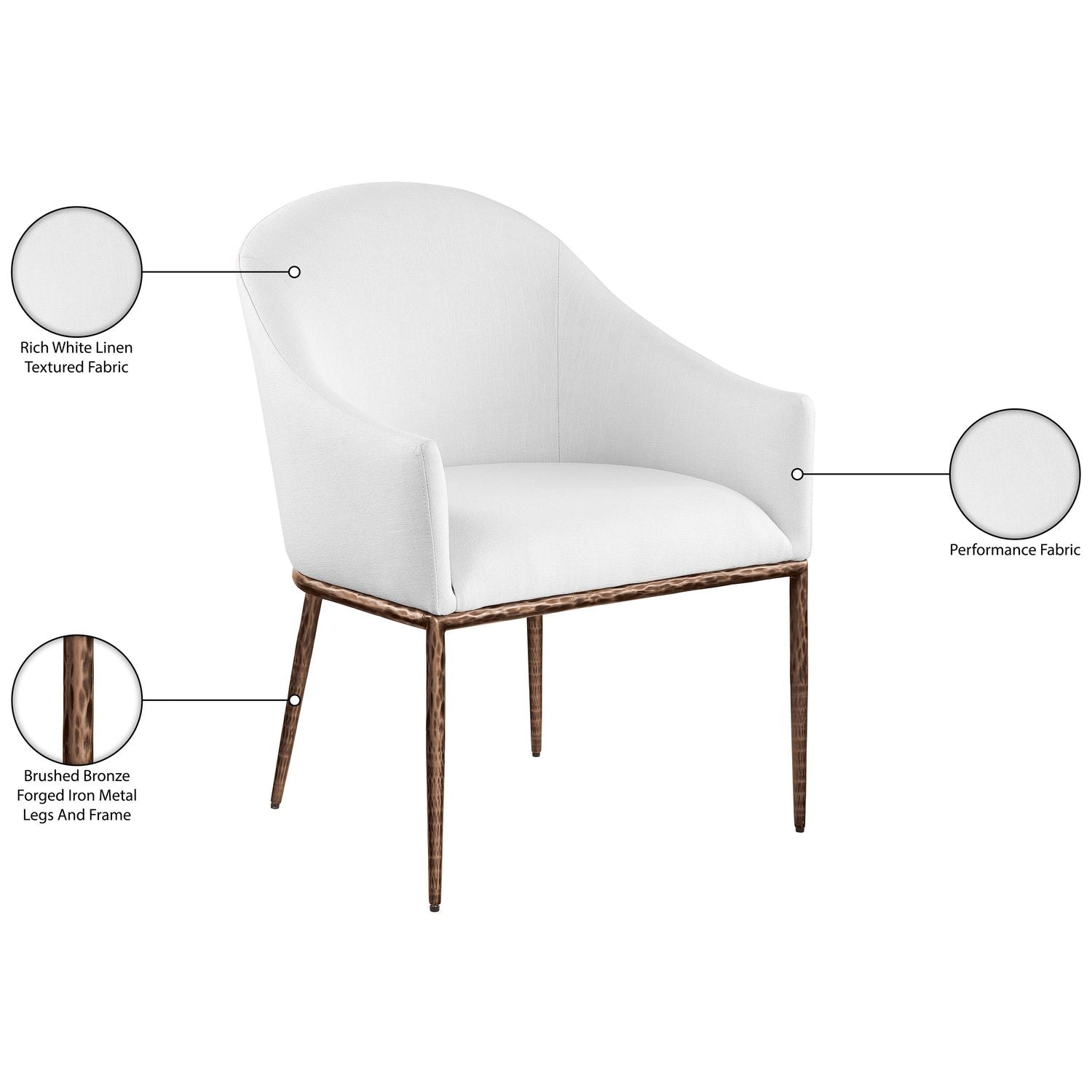 Ferro Linen Textured Performance Fabric Upholstered Dining Arm Chair — White / Brushed Bronze