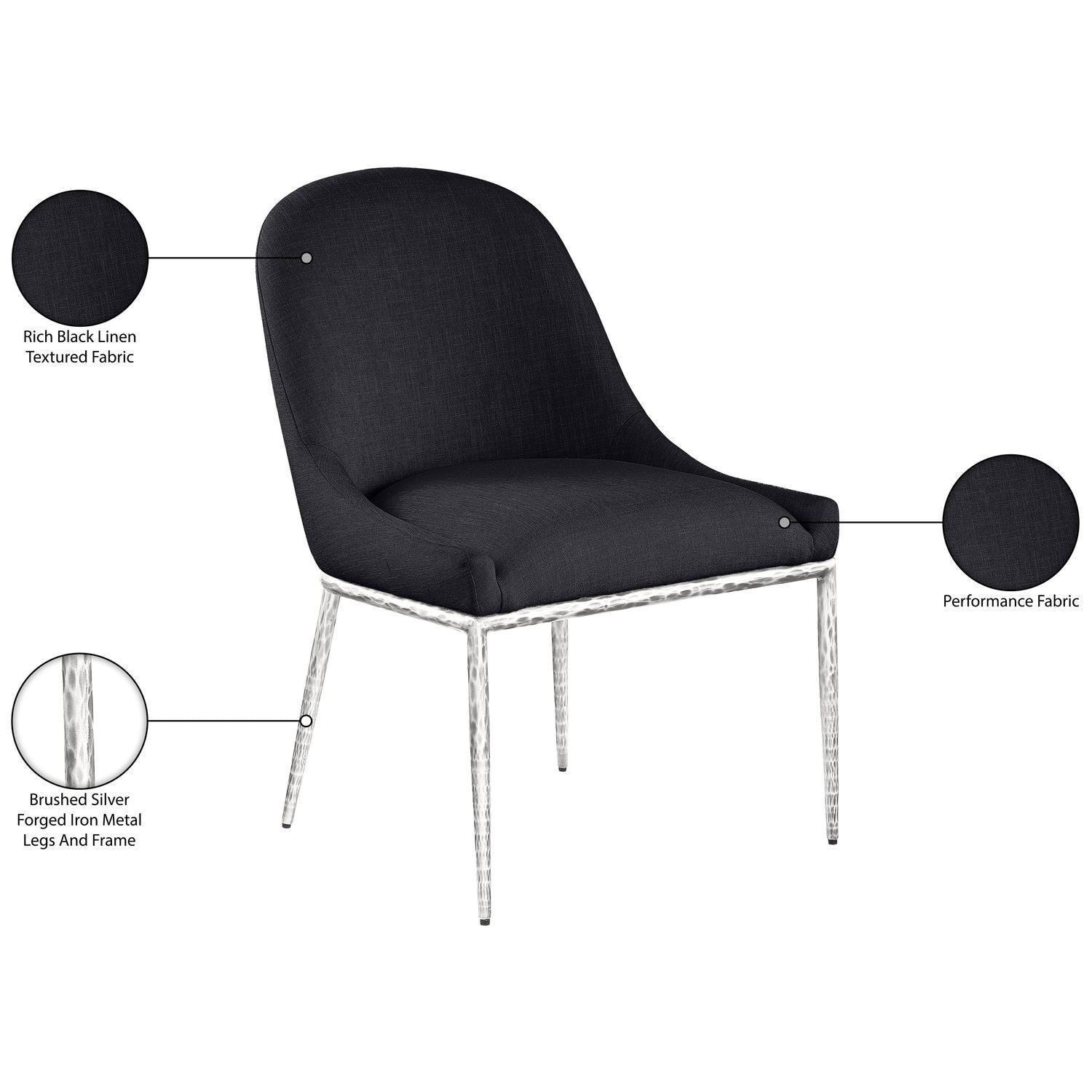Ferro Linen Textured Performance Fabric Upholstered Dining Side Chair — Black / Brushed Silver