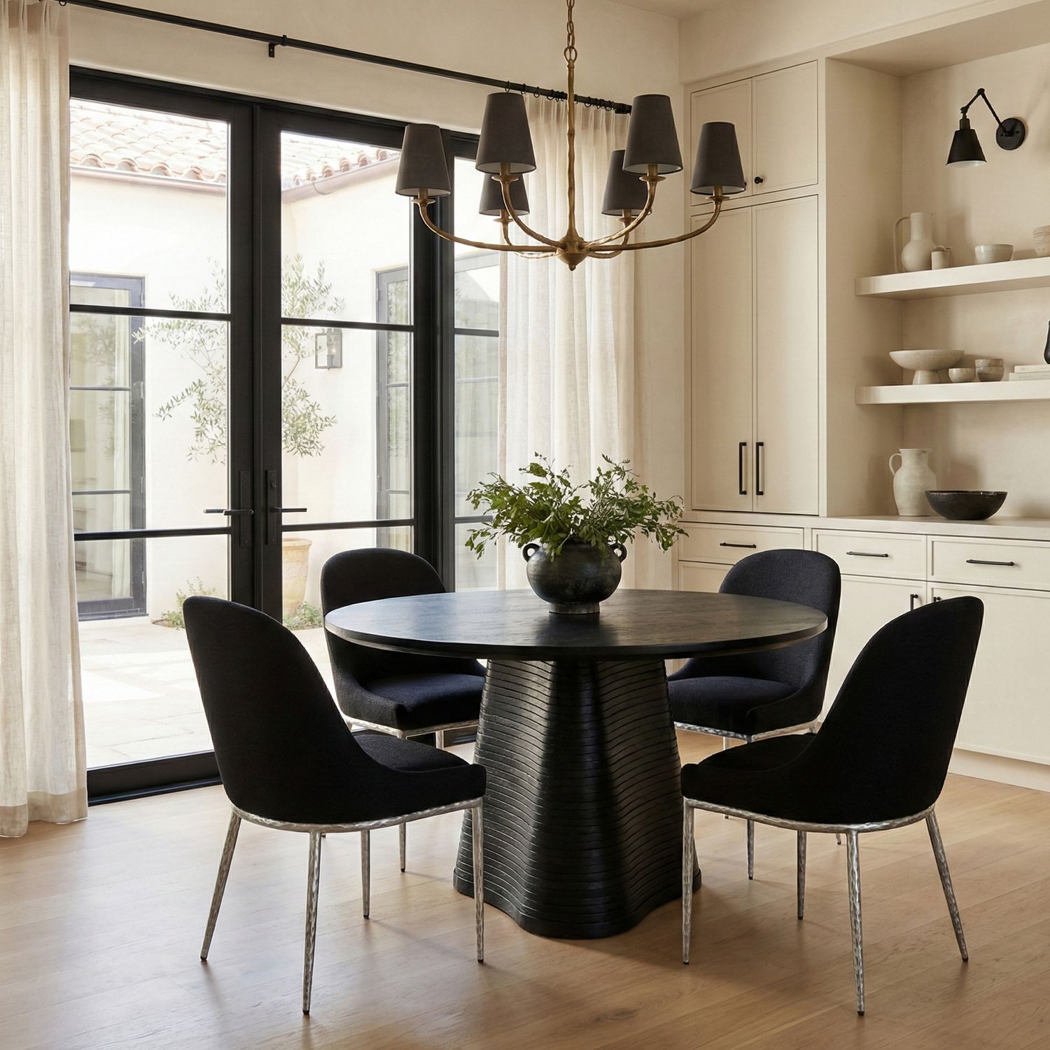 Ferro Linen Textured Performance Fabric Upholstered Dining Side Chair — Black / Brushed Silver
