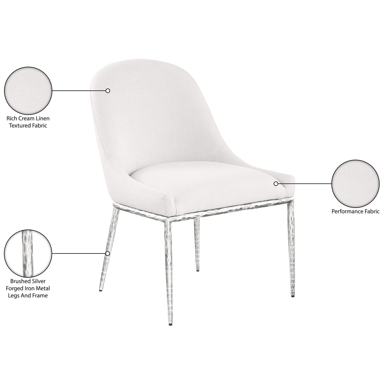 Ferro Linen Textured Performance Fabric Upholstered Dining Side Chair — Cream / Brushed Silver